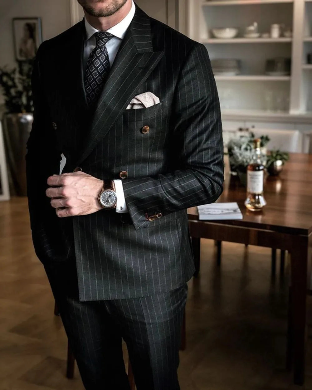 2025Black Stripe Men Suits Double Breasted Blazer Latest Coat Pant Designs Slim Fit 2Piece Tuxedos Custom Made Groom Prom Ternos