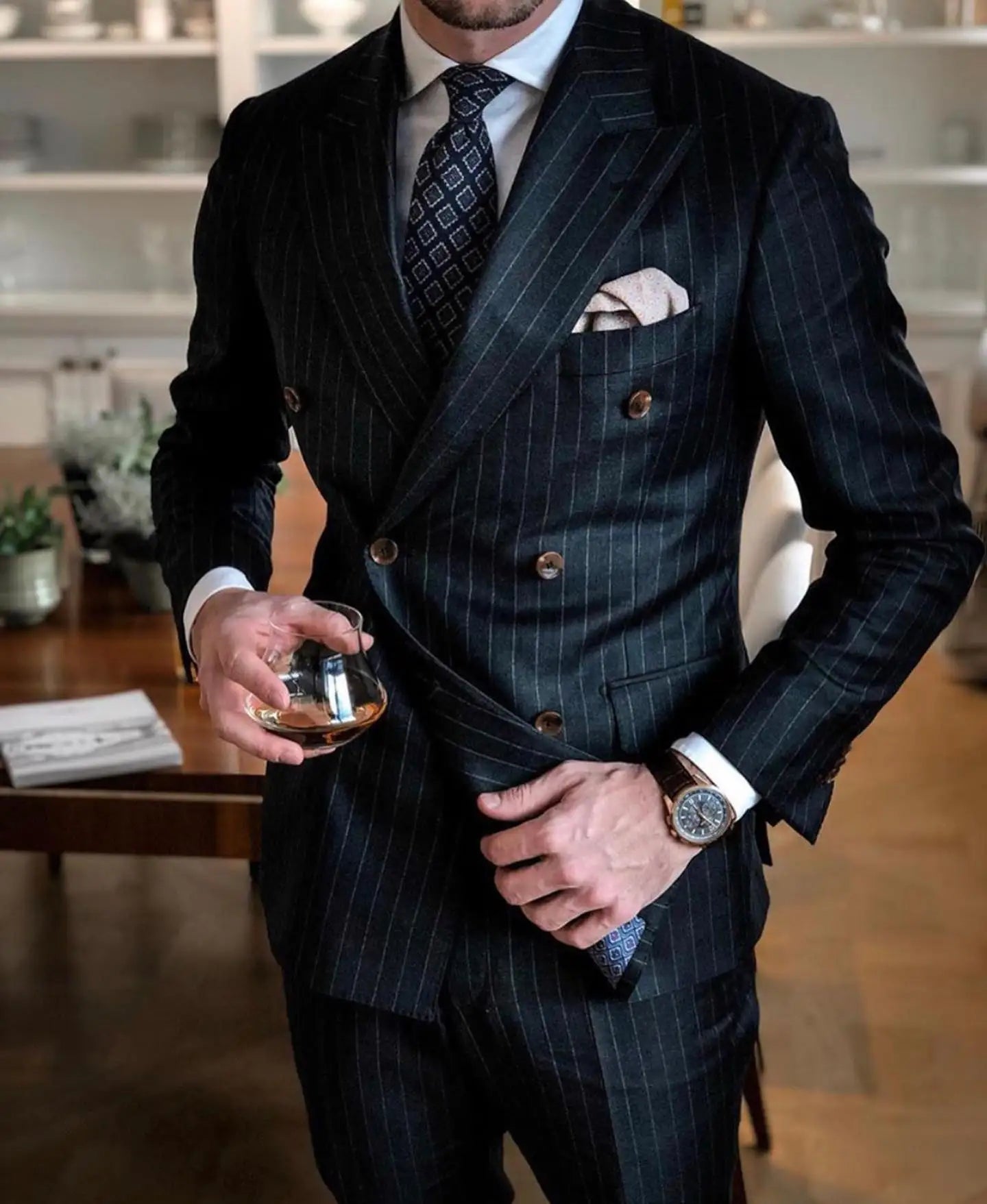 2025Black Stripe Men Suits Double Breasted Blazer Latest Coat Pant Designs Slim Fit 2Piece Tuxedos Custom Made Groom Prom Ternos