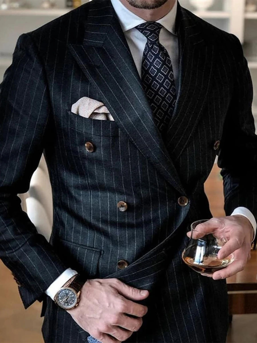 2025Black Stripe Men Suits Double Breasted Blazer Latest Coat Pant Designs Slim Fit 2Piece Tuxedos Custom Made Groom Prom Ternos