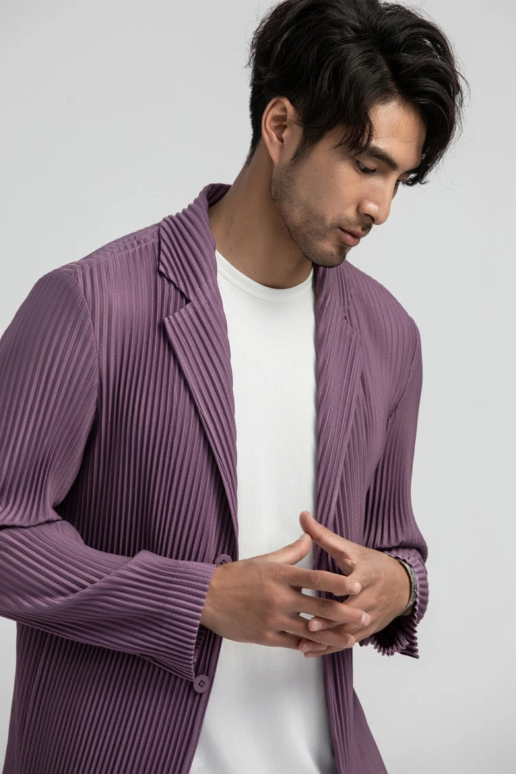 Miyake Pleated Men Blazer Plisse Jacket Casual Simple Blazers Single Breasted Suit Japanese Stretch Fabric Coat