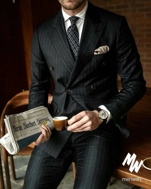 2025Black Stripe Men Suits Double Breasted Blazer Latest Coat Pant Designs Slim Fit 2Piece Tuxedos Custom Made Groom Prom Ternos