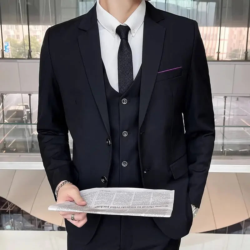 Suit (Blazer+ Vest + Pants) Men's Fashion Casual Outdoor Gentleman Business Wedding Formal Dress British Style Wedding Suit