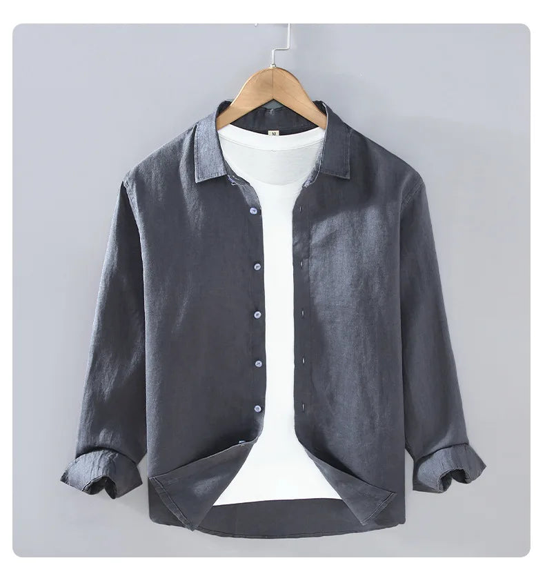 100% Linen Long Sleeve Shirt for Men Spring Fall Fashion Good Quality Solid Color Thin Breathable Healthy Lapel Blouse Tops Male