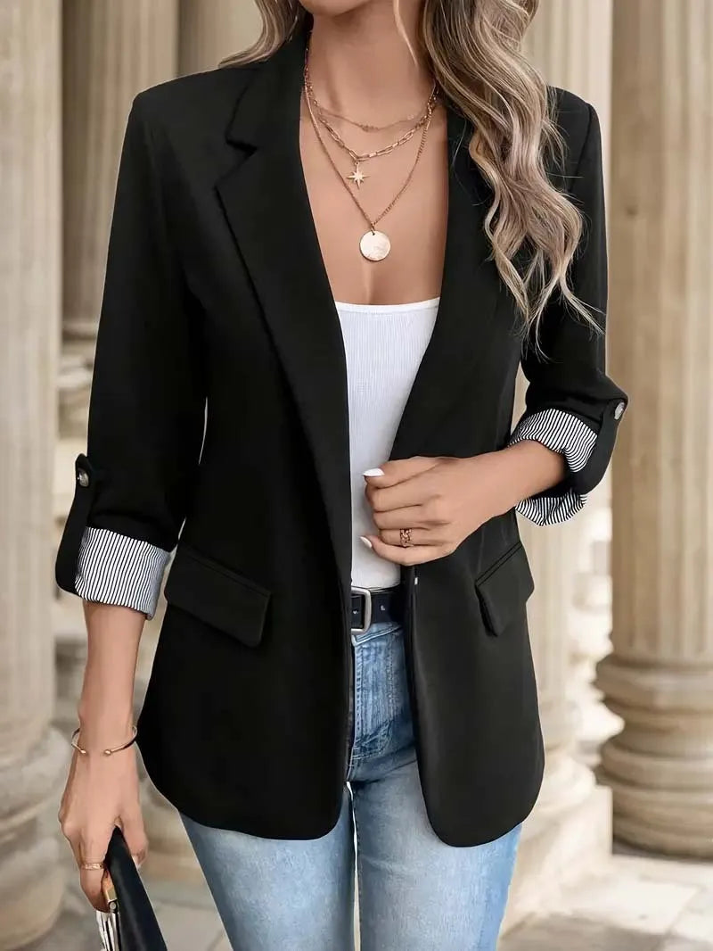 Women's Fashion Black Blazer with Striped Cuff Design Chic Professional Jacket for Casual Wear Slim Fit Long Sleeve Coat