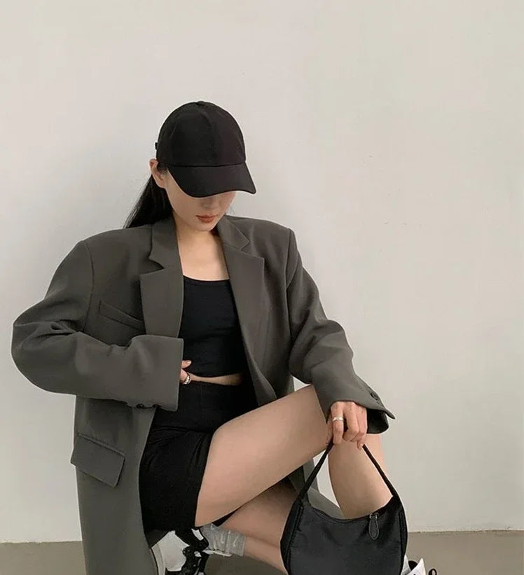 Gray Blazer Woman Black Jacket Outerwears Solid Over Clothes Coats for Women Dress Loose Long Korean Reviews Many Outdoor New In