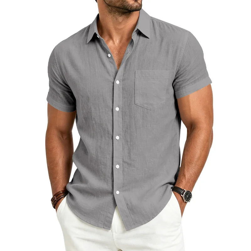 European and American Linen Top Men's Retro Casual Short-Sleeved Lapel Loose Beach Button-Up Shirt