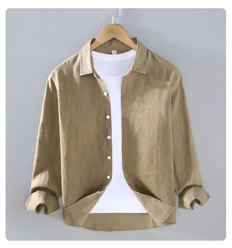 100% Linen Long Sleeve Shirt for Men Spring Fall Fashion Good Quality Solid Color Thin Breathable Healthy Lapel Blouse Tops Male