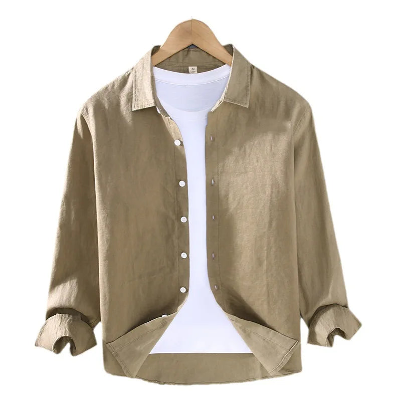 100% Linen Long Sleeve Shirt for Men Spring Fall Fashion Good Quality Solid Color Thin Breathable Healthy Lapel Blouse Tops Male