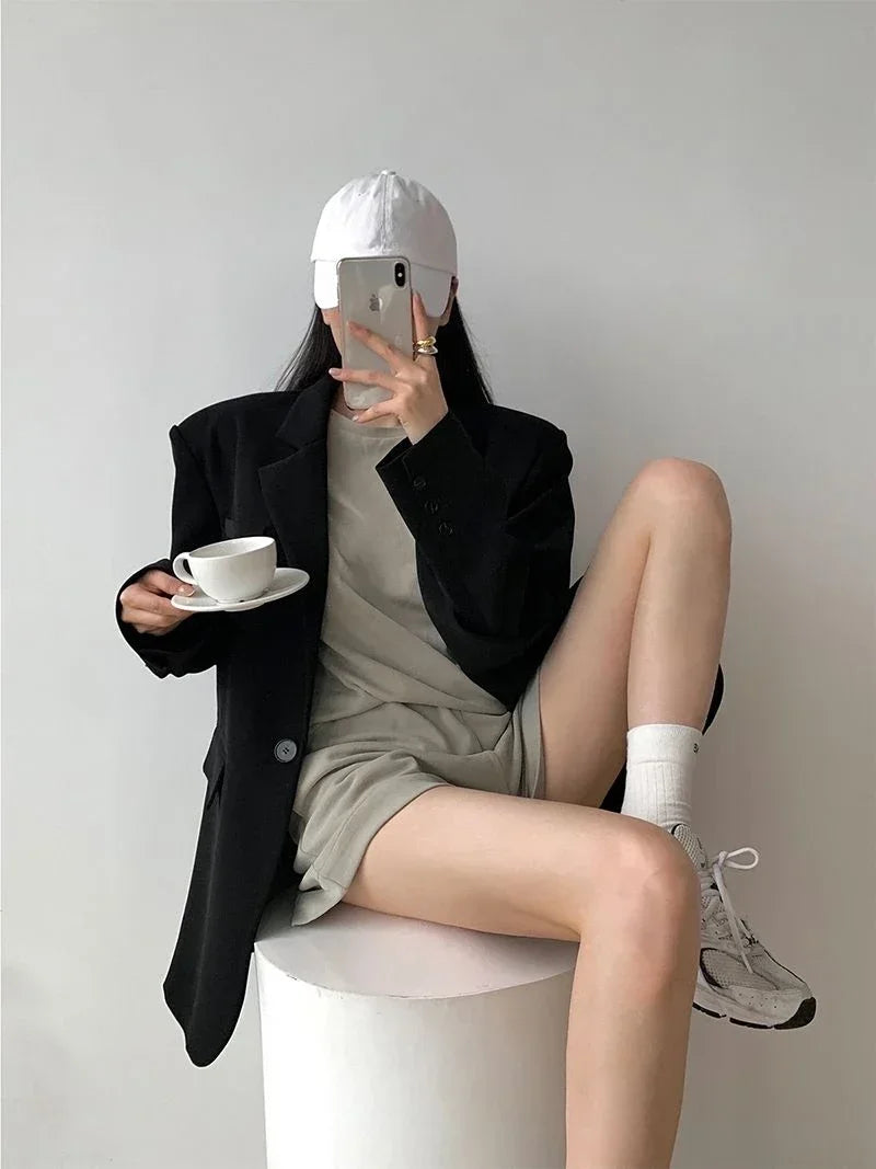 Gray Blazer Woman Black Jacket Outerwears Solid Over Clothes Coats for Women Dress Loose Long Korean Reviews Many Outdoor New In