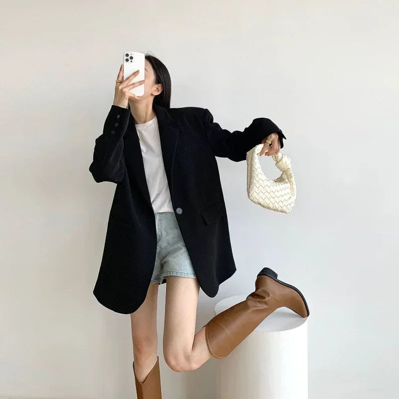 Gray Blazer Woman Black Jacket Outerwears Solid Over Clothes Coats for Women Dress Loose Long Korean Reviews Many Outdoor New In