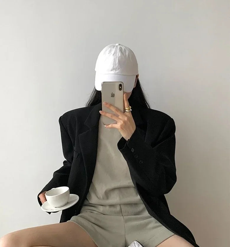Gray Blazer Woman Black Jacket Outerwears Solid Over Clothes Coats for Women Dress Loose Long Korean Reviews Many Outdoor New In