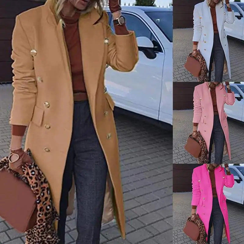 Long Over-Knee Woolen Coat for Women Commute Slimming Tonal Large Coat V-Neck Double Button Pure Color Business Style