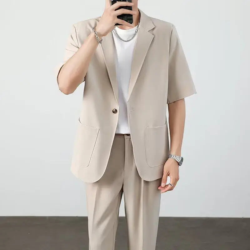 Summer Thin Ice Silk Drapey Suit Set Men's Short Sleeve Jacket Lightweight Casual Single-Breasted Suit Standard Fit Youth Trend