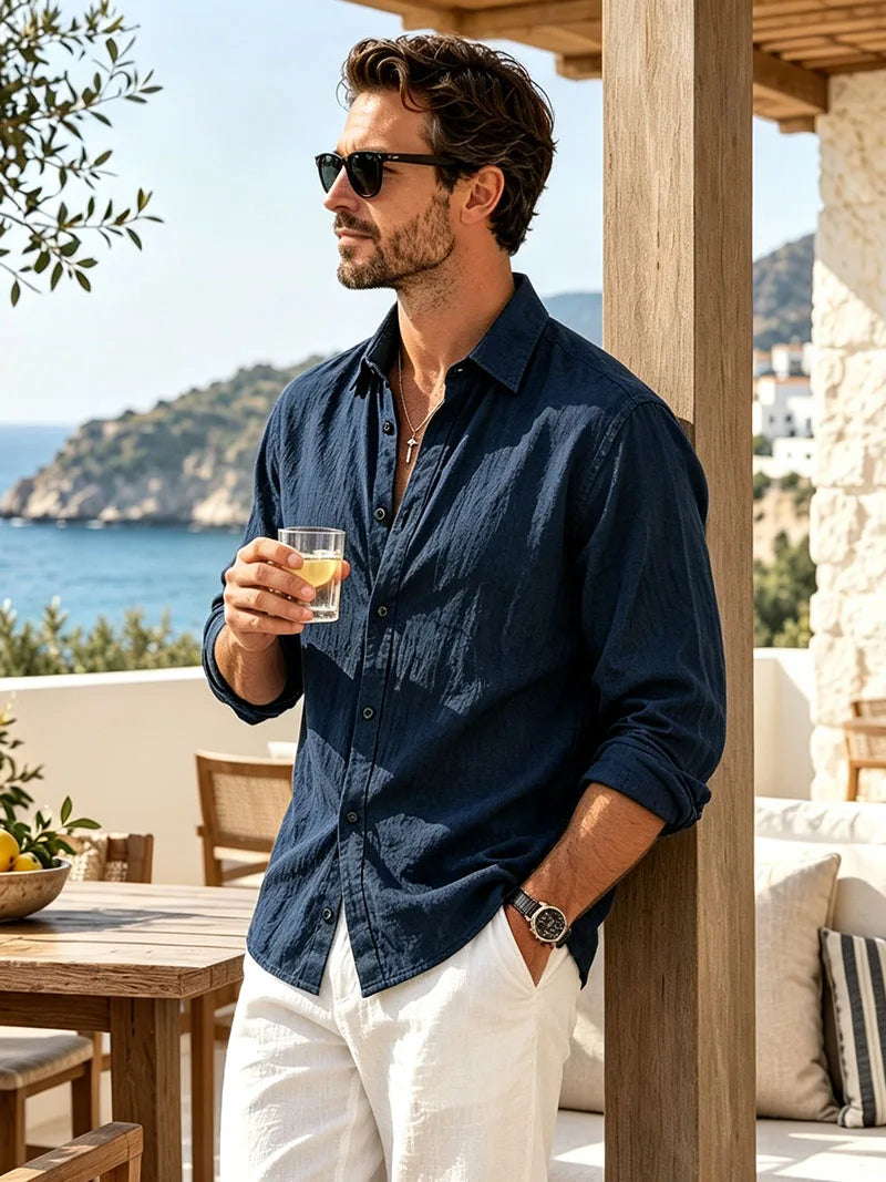 Men's Linen Shirt Spring Autumn Casual Long Sleeve Button Up Shirt Loose Fit Textured Top Lightweight Resort Wear for Men