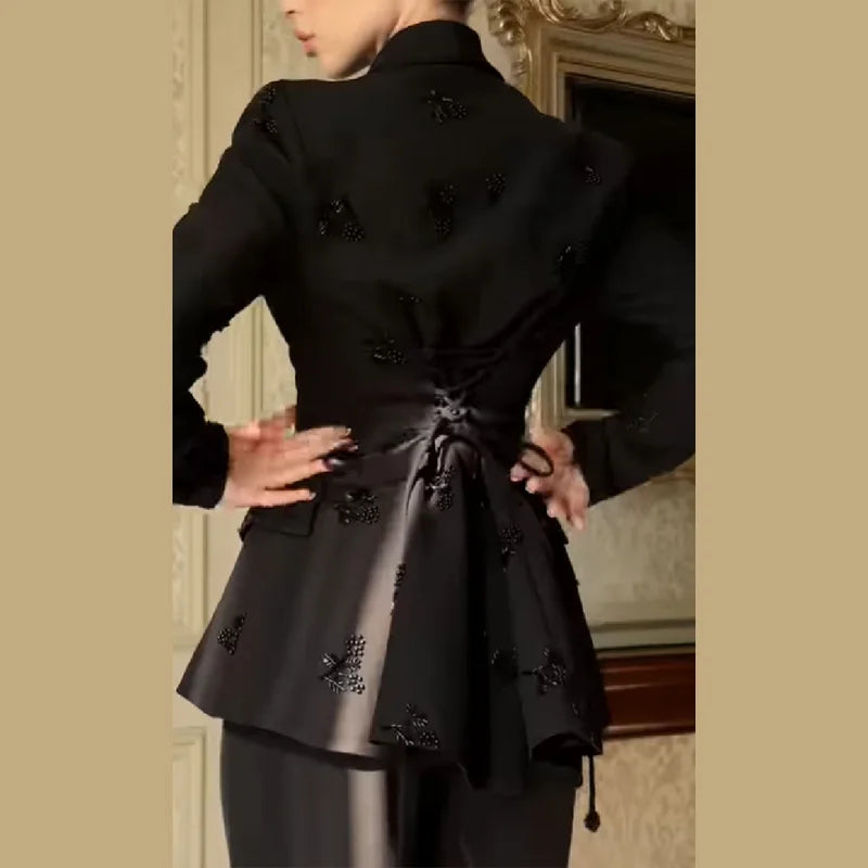 Women's Elegant Beaded Embroidered Blazer Suit Slim Fit Wide Shoulder Top Solid Casual Wide-leg Pants Cozy Two-piece Sets