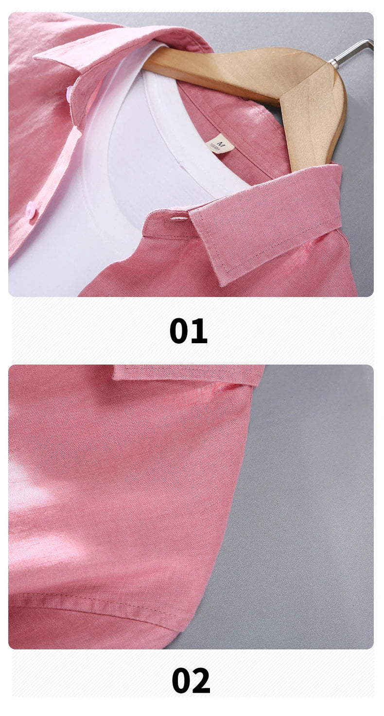 100% Linen Long Sleeve Shirt for Men Spring Fall Fashion Good Quality Solid Color Thin Breathable Healthy Lapel Blouse Tops Male