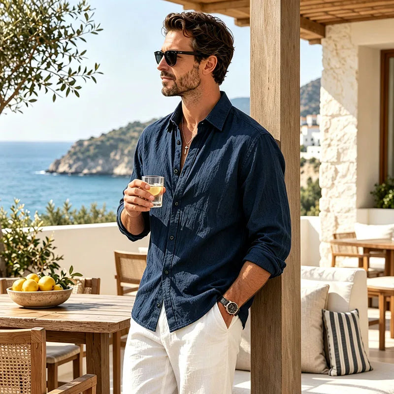 Men's Linen Shirt Spring Autumn Casual Long Sleeve Button Up Shirt Loose Fit Textured Top Lightweight Resort Wear for Men