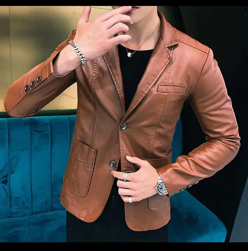 Leather Jacket for Men Thin Coats Slim Fit Spring Autumn Handsome Vintage Man Suits and Blazers Clothing Casual Clothes Original