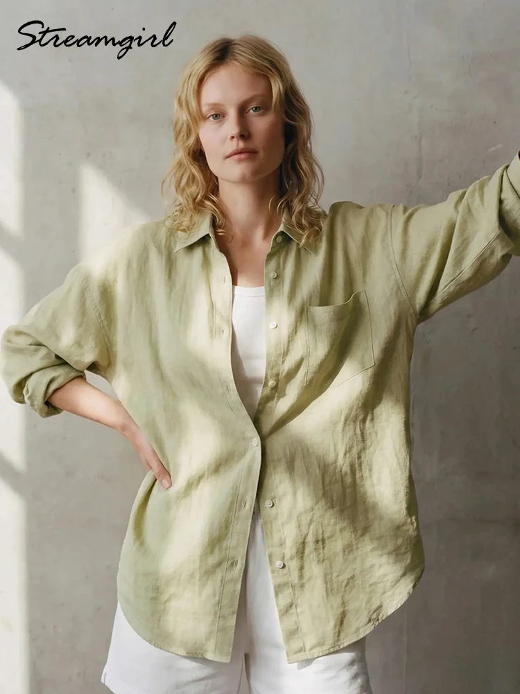 Linen Blue Button Down Shirt For Women Luxury Oversize Tops Summer Long Sleeve Basic Thin Women's White Linen Shirts Ladies Pink
