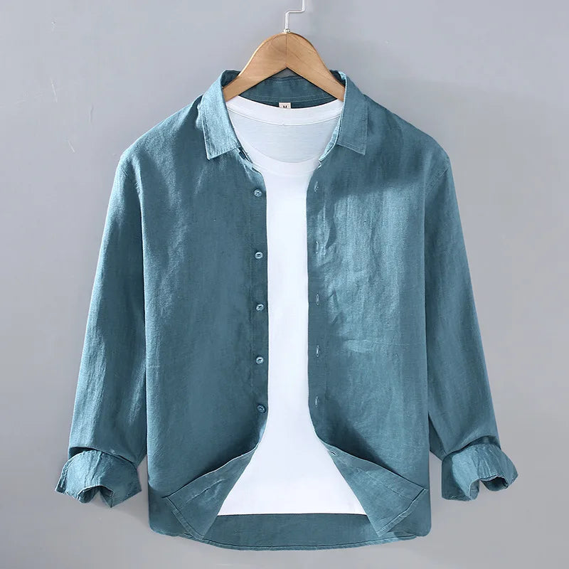 100% Linen Long Sleeve Shirt for Men Spring Fall Fashion Good Quality Solid Color Thin Breathable Healthy Lapel Blouse Tops Male