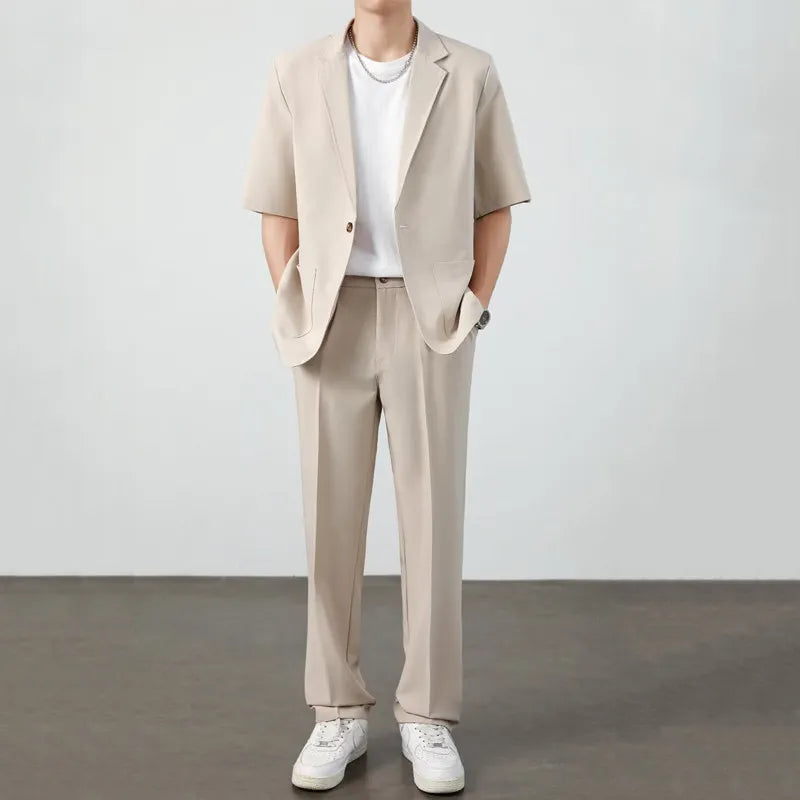 Summer Thin Ice Silk Drapey Suit Set Men's Short Sleeve Jacket Lightweight Casual Single-Breasted Suit Standard Fit Youth Trend