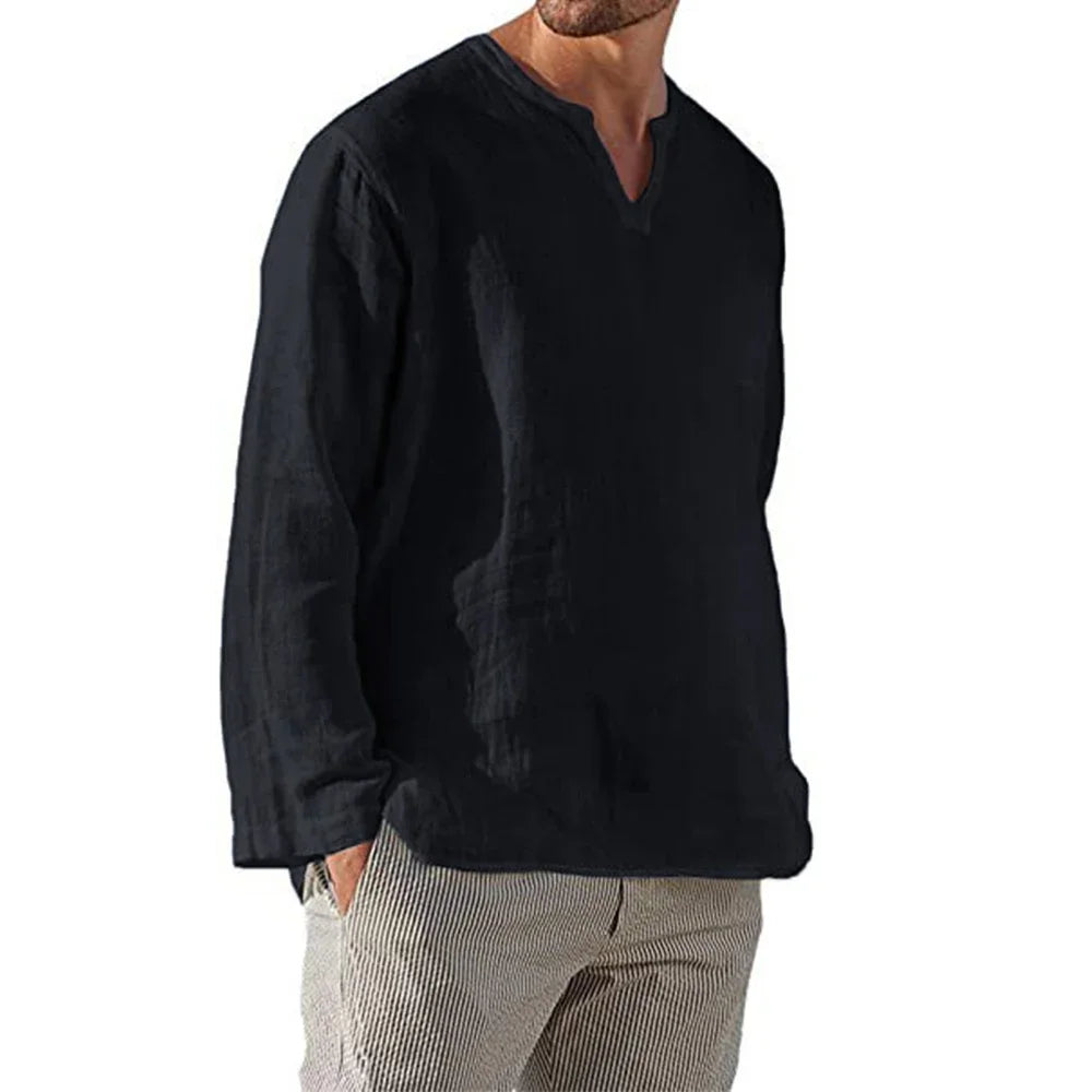 Men's Cotton Linen Shirt Cozy Solid Color Long Sleeve Breathable Tops V Neck Casual Blouse Hawaiian Shirt Lightweight Shirts