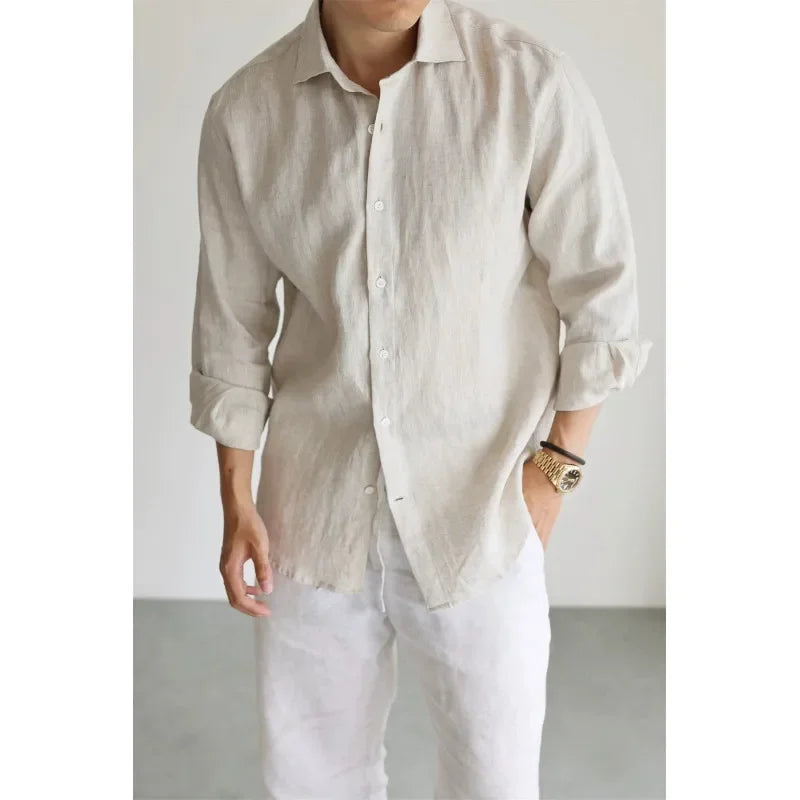 Men's Linen Shirt Cotton Blend Long Sleeve Button Down Casual Loose Fit Summer Breathable Tops Old Money Aesthetic Solid Color