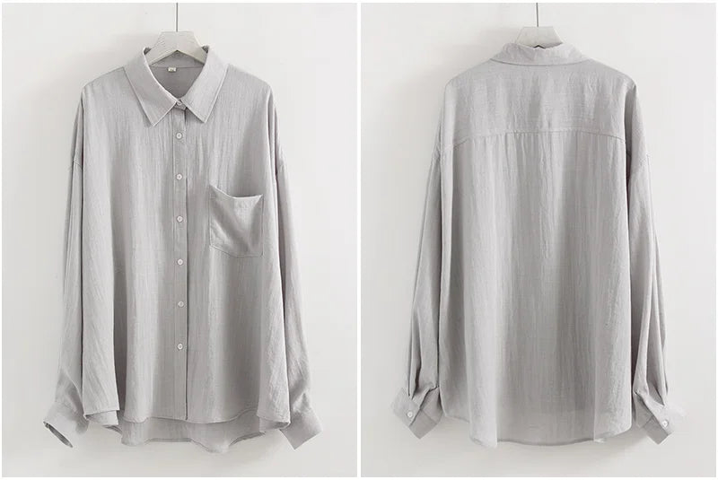 Linen Blue Button Down Shirt For Women Luxury Oversize Tops Summer Long Sleeve Basic Thin Women's White Linen Shirts Ladies Pink