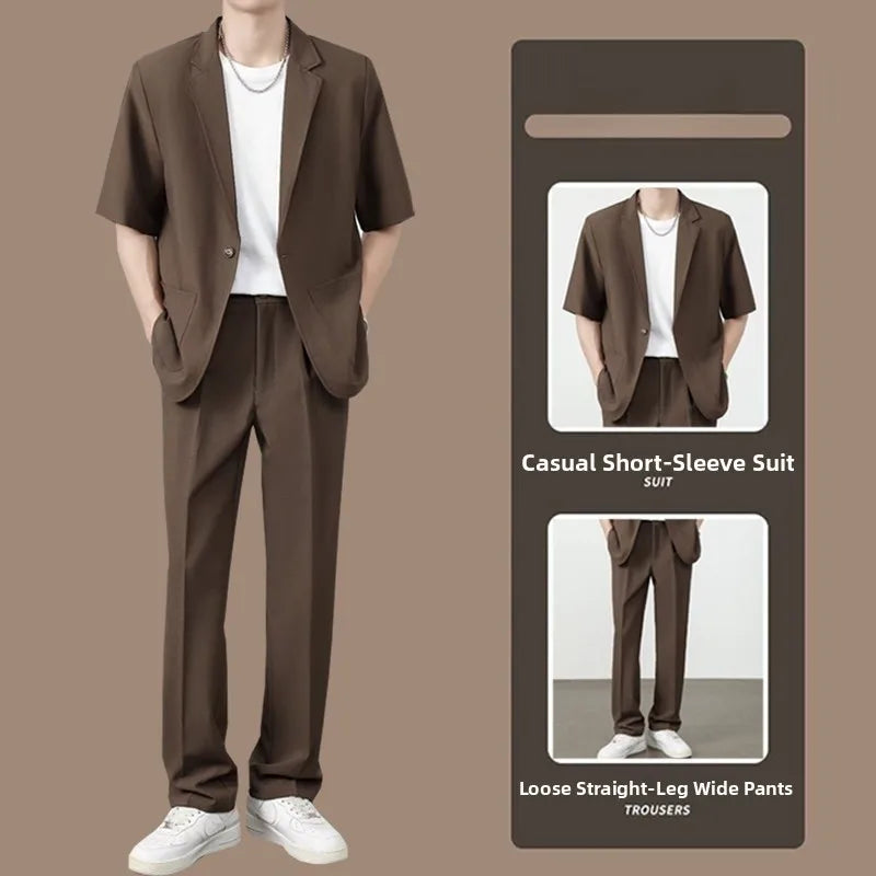 Summer Thin Ice Silk Drapey Suit Set Men's Short Sleeve Jacket Lightweight Casual Single-Breasted Suit Standard Fit Youth Trend