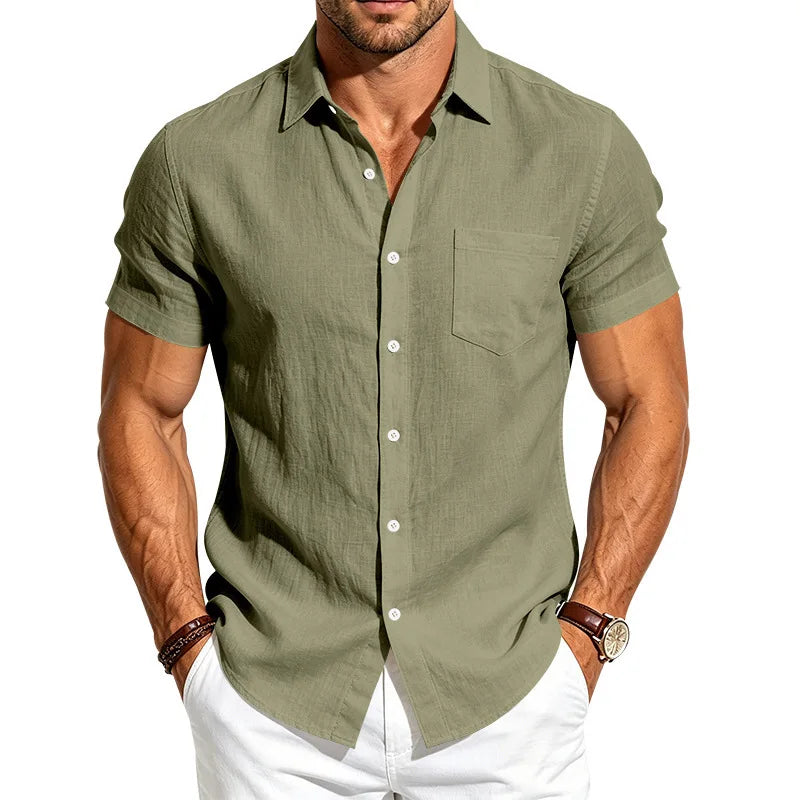 European and American Linen Top Men's Retro Casual Short-Sleeved Lapel Loose Beach Button-Up Shirt