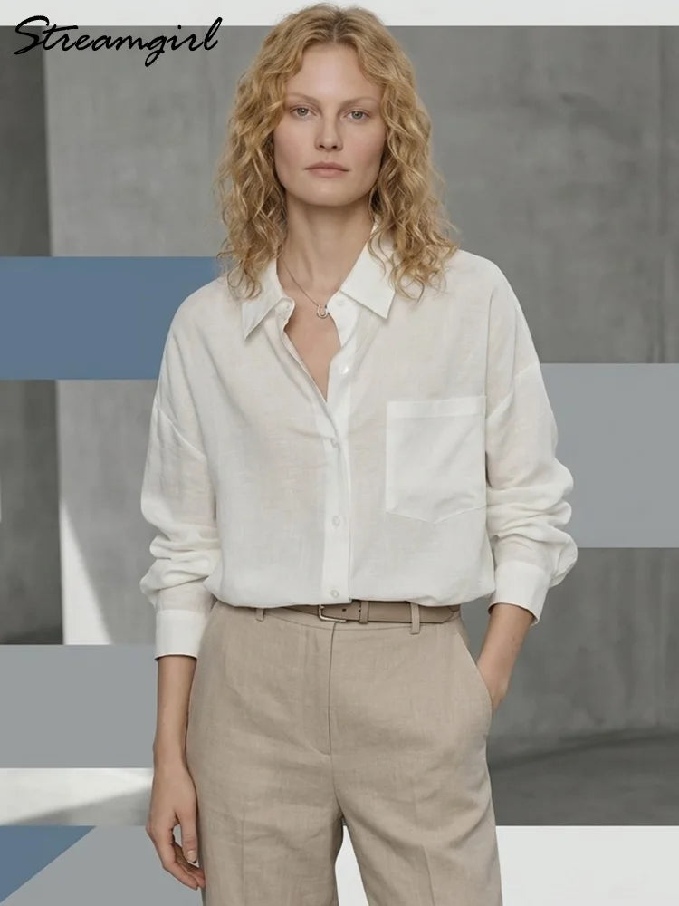 Linen Blue Button Down Shirt For Women Luxury Oversize Tops Summer Long Sleeve Basic Thin Women's White Linen Shirts Ladies Pink