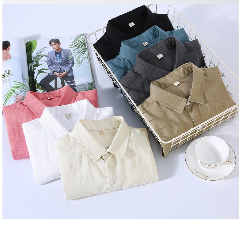 100% Linen Long Sleeve Shirt for Men Spring Fall Fashion Good Quality Solid Color Thin Breathable Healthy Lapel Blouse Tops Male