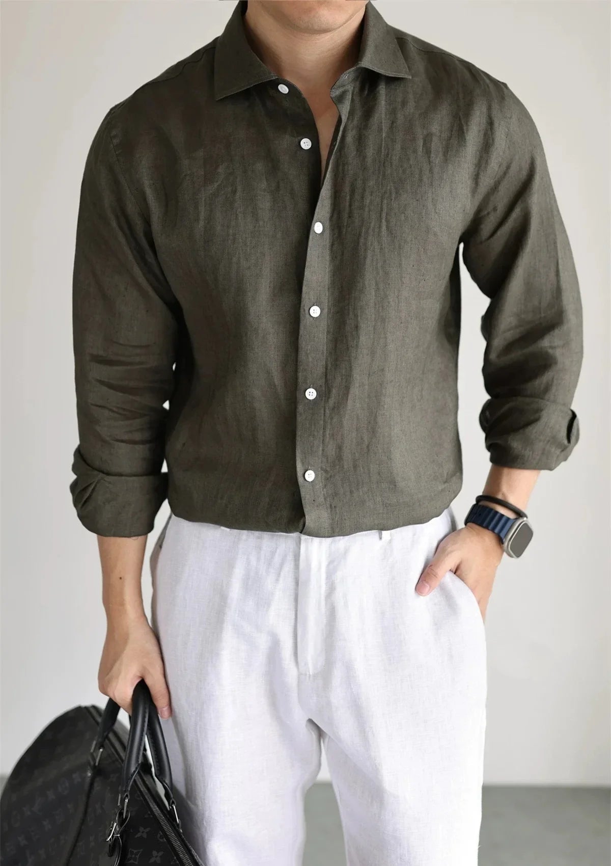 Men's Linen Shirt Cotton Blend Long Sleeve Button Down Casual Loose Fit Summer Breathable Tops Old Money Aesthetic Solid Color