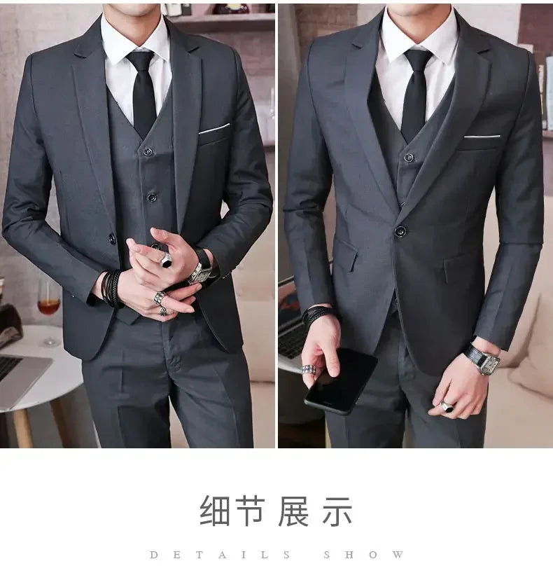 Suit (Blazer+ Vest + Pants) Men's Fashion Casual Outdoor Gentleman Business Wedding Formal Dress British Style Wedding Suit