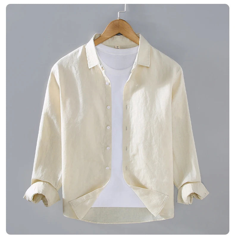 100% Linen Long Sleeve Shirt for Men Spring Fall Fashion Good Quality Solid Color Thin Breathable Healthy Lapel Blouse Tops Male