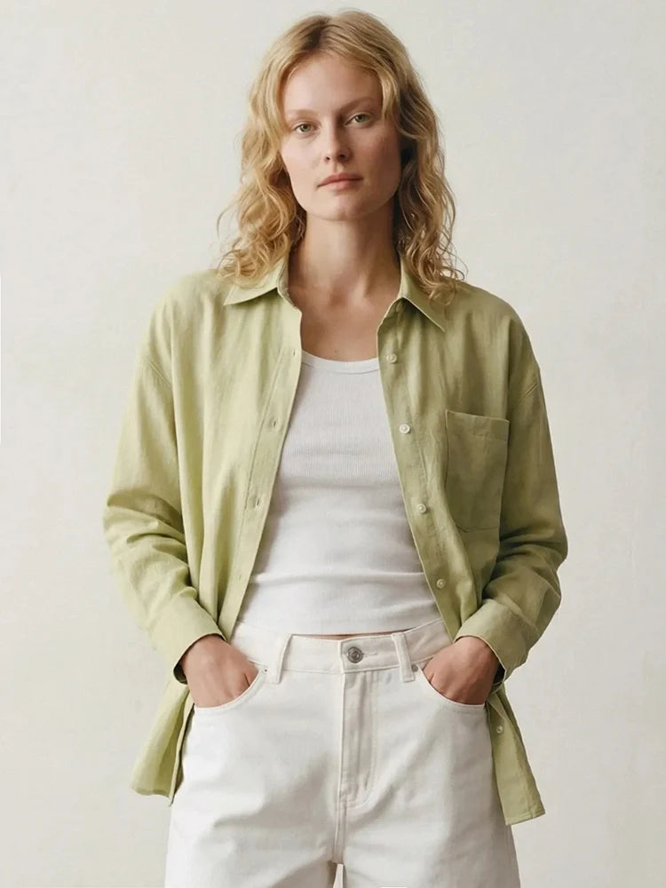 Linen Blue Button Down Shirt For Women Luxury Oversize Tops Summer Long Sleeve Basic Thin Women's White Linen Shirts Ladies Pink