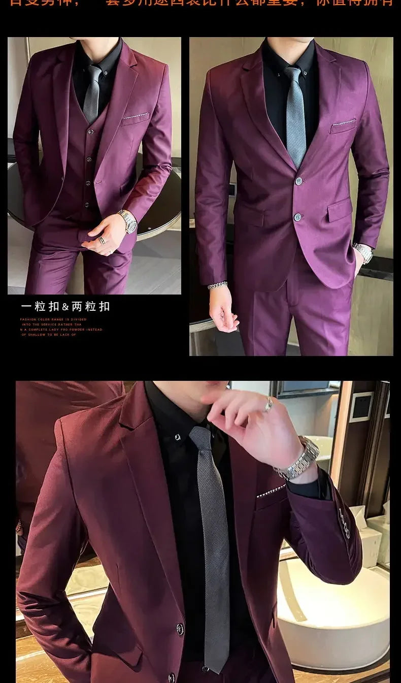 Suit (Blazer+ Vest + Pants) Men's Fashion Casual Outdoor Gentleman Business Wedding Formal Dress British Style Wedding Suit