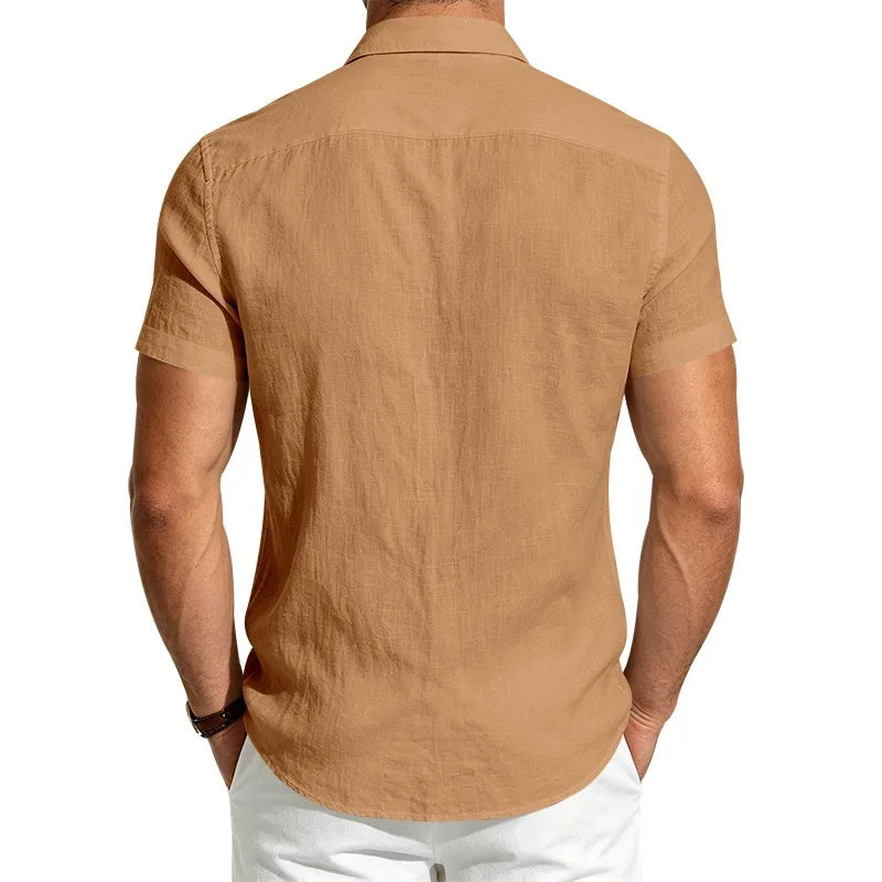 European and American Linen Top Men's Retro Casual Short-Sleeved Lapel Loose Beach Button-Up Shirt