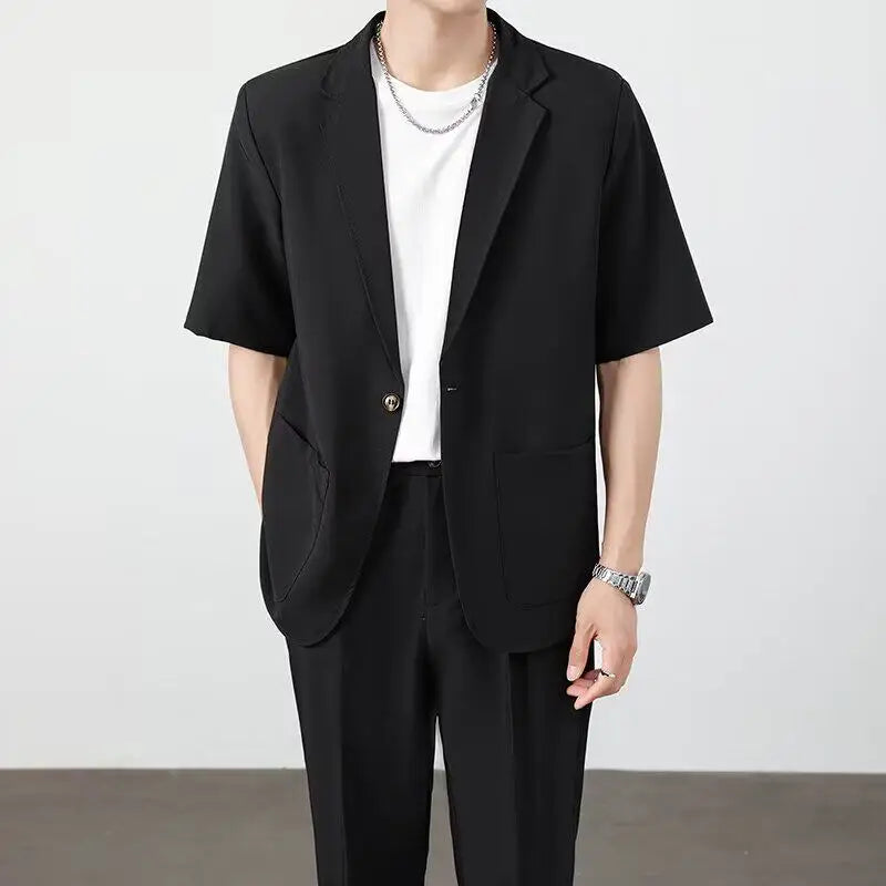 Summer Thin Ice Silk Drapey Suit Set Men's Short Sleeve Jacket Lightweight Casual Single-Breasted Suit Standard Fit Youth Trend