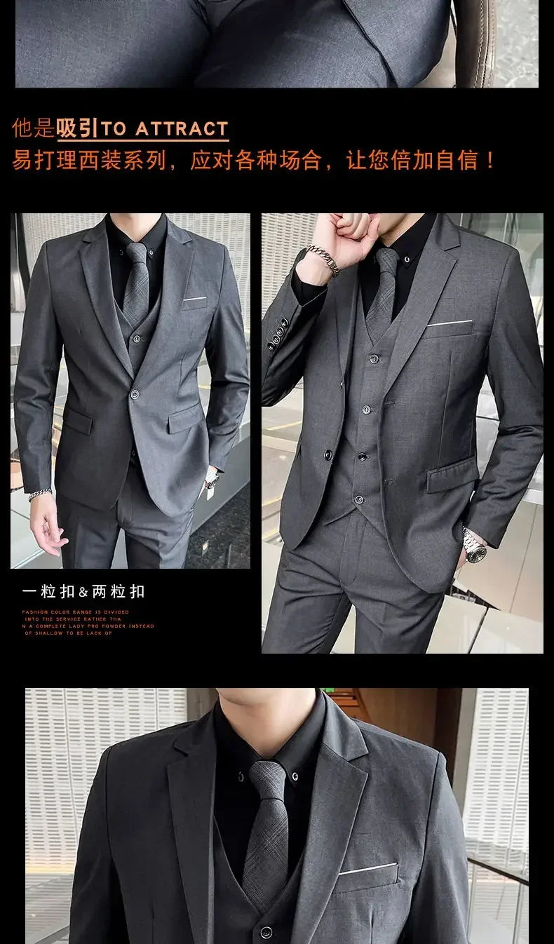 Suit (Blazer+ Vest + Pants) Men's Fashion Casual Outdoor Gentleman Business Wedding Formal Dress British Style Wedding Suit