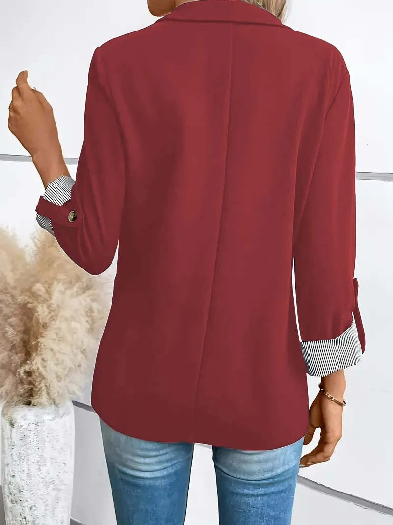 Women's Fashion Black Blazer with Striped Cuff Design Chic Professional Jacket for Casual Wear Slim Fit Long Sleeve Coat