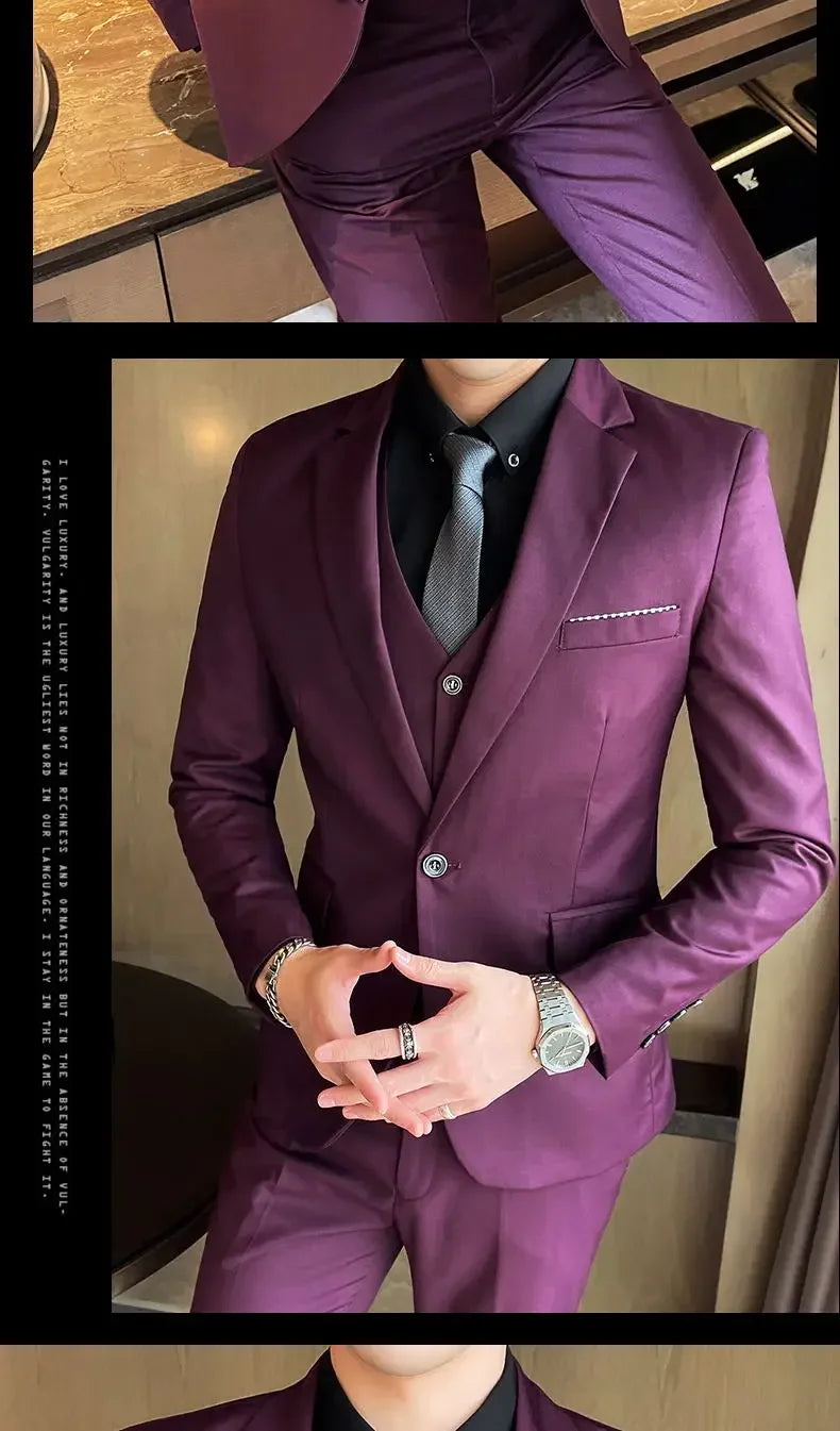 Suit (Blazer+ Vest + Pants) Men's Fashion Casual Outdoor Gentleman Business Wedding Formal Dress British Style Wedding Suit