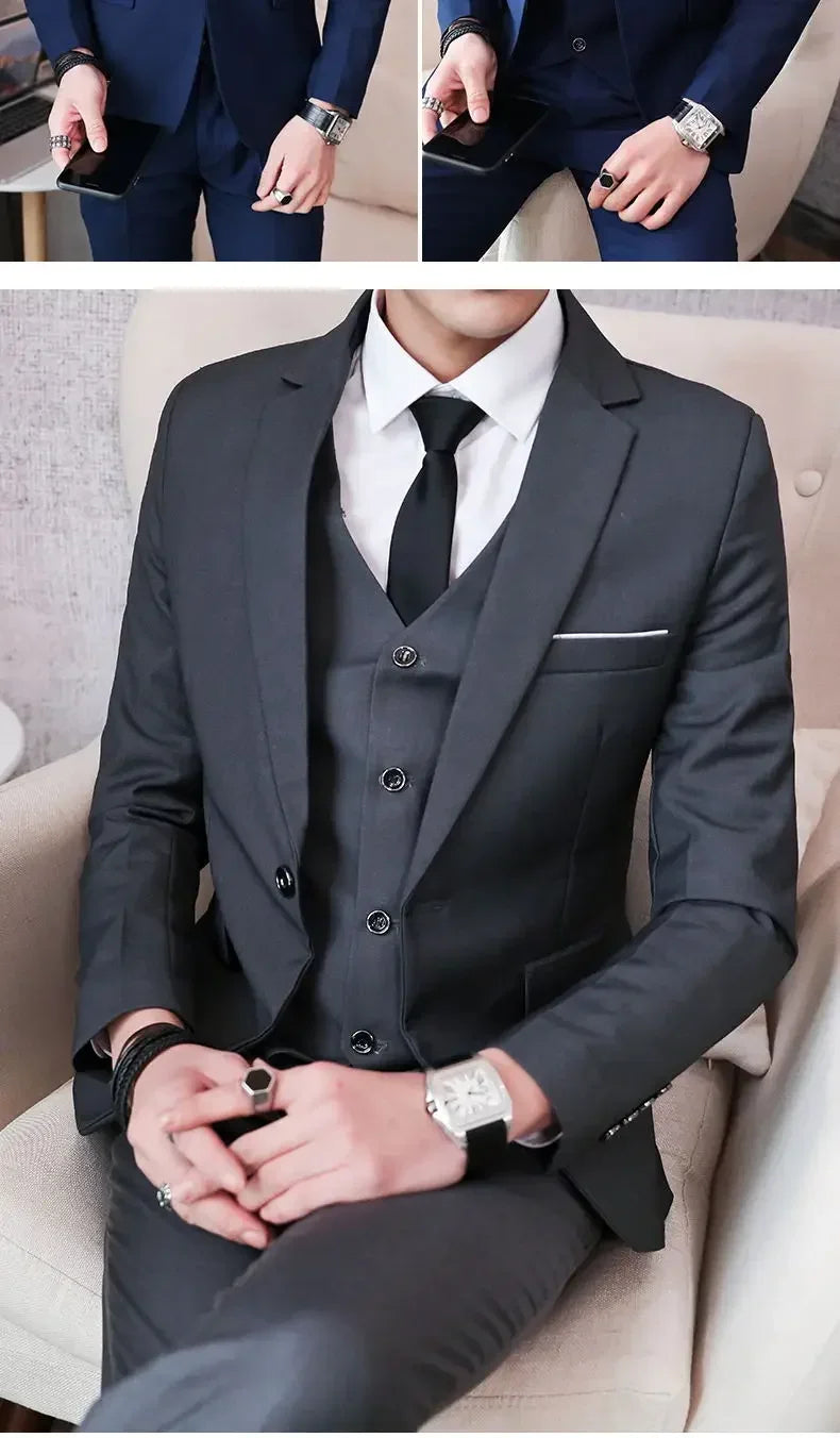 Suit (Blazer+ Vest + Pants) Men's Fashion Casual Outdoor Gentleman Business Wedding Formal Dress British Style Wedding Suit