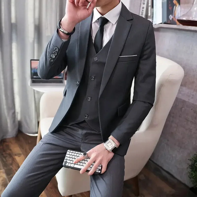 Suit (Blazer+ Vest + Pants) Men's Fashion Casual Outdoor Gentleman Business Wedding Formal Dress British Style Wedding Suit