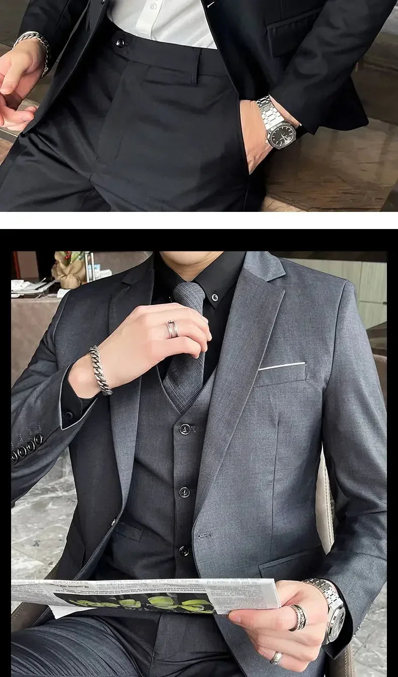 Suit (Blazer+ Vest + Pants) Men's Fashion Casual Outdoor Gentleman Business Wedding Formal Dress British Style Wedding Suit