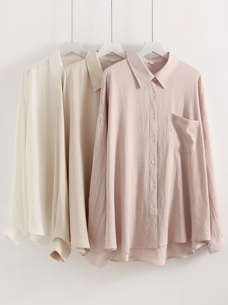 Linen Blue Button Down Shirt For Women Luxury Oversize Tops Summer Long Sleeve Basic Thin Women's White Linen Shirts Ladies Pink