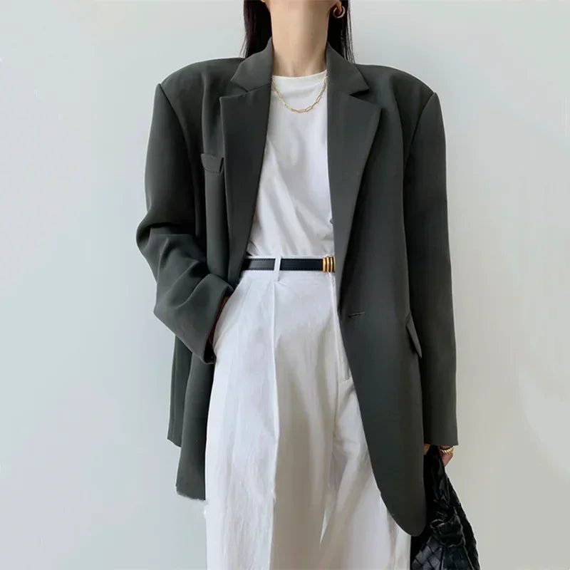 Gray Blazer Woman Black Jacket Outerwears Solid Over Clothes Coats for Women Dress Loose Long Korean Reviews Many Outdoor New In