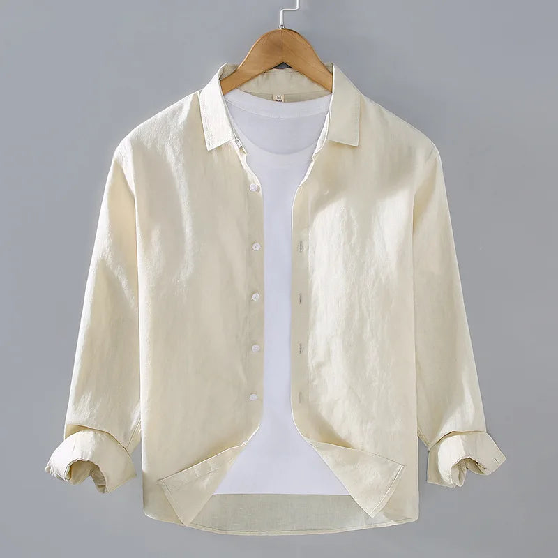 100% Linen Long Sleeve Shirt for Men Spring Fall Fashion Good Quality Solid Color Thin Breathable Healthy Lapel Blouse Tops Male