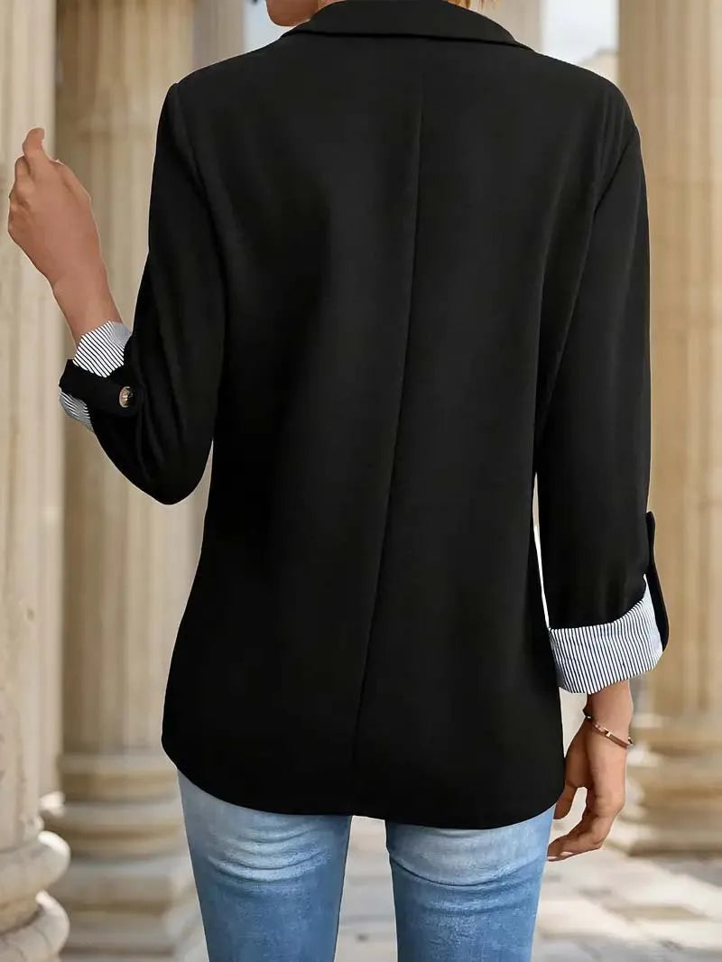 Women's Fashion Black Blazer with Striped Cuff Design Chic Professional Jacket for Casual Wear Slim Fit Long Sleeve Coat
