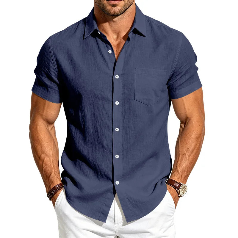 European and American Linen Top Men's Retro Casual Short-Sleeved Lapel Loose Beach Button-Up Shirt